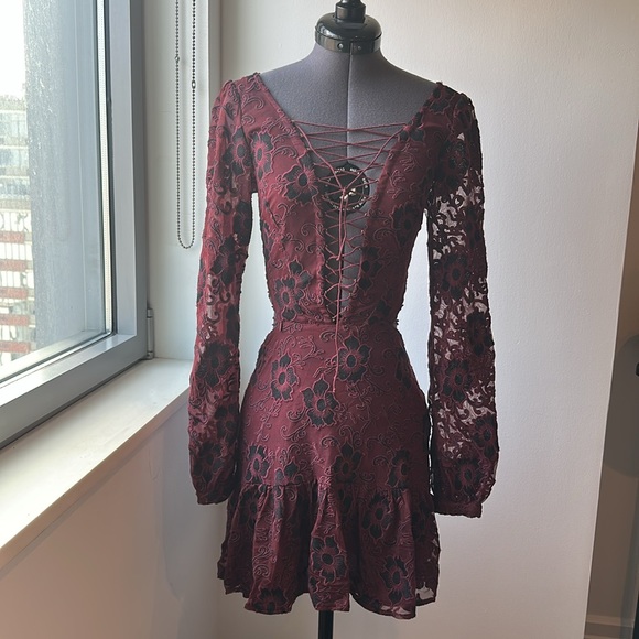 For Love and Lemons Jolene Lace Up Dress Burgundy - Picture 2 of 6